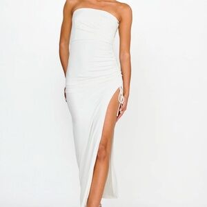 Drawstring Ruched Split Maxi Dress White